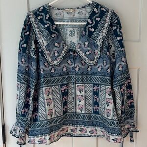 Ophelia and Indigo cotton blouse with peter pan collar.